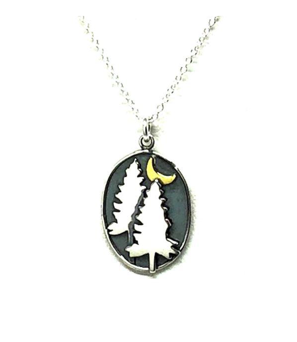 Sterling Silver Nature Inspired Necklace: Pine Trees at Night