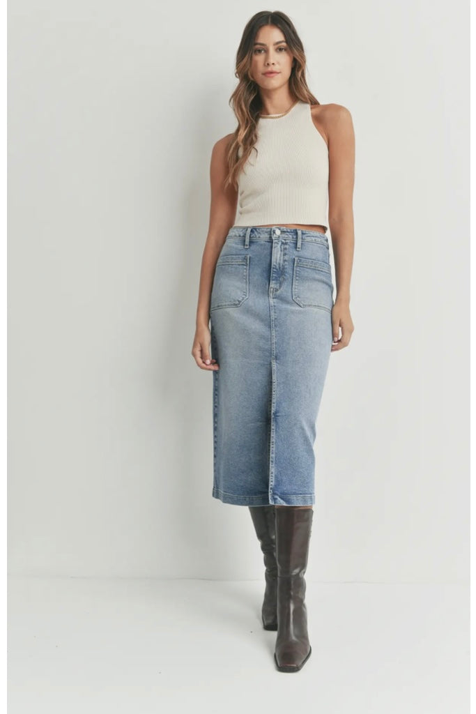 Denim Utility Pocket Midi Skirt